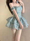 Retro Light Blue Floral Spaghetti Strap Design A-line Mini 16th Birthday Party Dress Tiered Homecoming Dress HZ0319