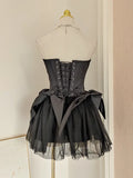 Retro Black A-line Strapless Lace-up Homecoming Dresses Short Satin 16th Birthday Dress HZ0319