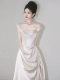 Retro Off-the-shoulder Floor Length Design Elegant Satin A-Line Wedding Dress, HZ0319
