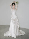 Retro Off-the-shoulder Floor Length Design Elegant Satin A-Line Wedding Dress, HZ0319
