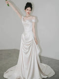 Retro Off-the-shoulder Floor Length Design Elegant Satin A-Line Wedding Dress, HZ0319