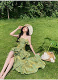 Retro Spaghetti Strap Irregular Ruffled Detachable Rose Design Elegant Satin Evening Dress Prom Dress HZ0319