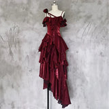 Retro Spaghetti Strap Irregular Ruffled Detachable Rose Design Elegant Satin Evening Dress Prom Dress HZ0319