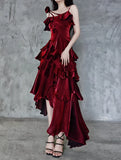 Retro Spaghetti Strap Irregular Ruffled Detachable Rose Design Elegant Satin Evening Dress Prom Dress HZ0319