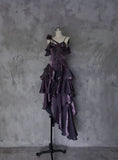 Retro Spaghetti Strap Irregular Ruffled Detachable Rose Design Elegant Satin Evening Dress Prom Dress HZ0319