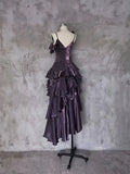 Retro Spaghetti Strap Irregular Ruffled Detachable Rose Design Elegant Satin Evening Dress Prom Dress HZ0319