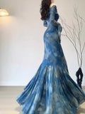 Vintage Blue Off-the-shoulder Floral Design Elegant Mermaid Chiffon Evening Dress Prom Dress HZ0319