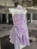 Retro Light Purple A-line Spaghetti Strap Short Lilac Homecoming Dress 17th Birthday Dress HZ0319