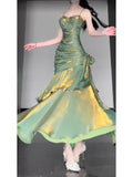 Vintage Green Spaghetti Strap Ruffle Design Elegant A-line Satin Evening Dress Prom Dress HZ0319