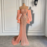 Elegant Long Sleeve Evening Dress Off The Shoulder Sexy High Slit Pink Sequin Dubai Women Evening Party HZ0319