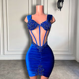 Sheer Short Prom Dress Sweetheart Beaded Crystals Royal Blue Cocktail Dresses 2025 For Women Birthday HZ0319