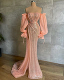 Elegant Long Sleeve Evening Dress Off The Shoulder Sexy High Slit Pink Sequin Dubai Women Evening Party HZ0319
