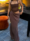 Simple Dark Khaki Halter Dress Design A-line Tulle Women Party Dress, HZ0319