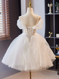 Off Shoulder Sweetheart Homecoming Dress Tulle Lace White Short Prom Dress HZ0319