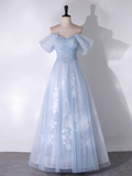 A-Line Off Shoulder Tulle Lace Blue Long Prom Dress, Blue Long Formal Dress HZ0319