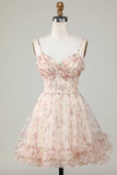 New Fashion Champagne Floral Design A-line Corset Spaghetti Strap Short Homecoming Dress, HZ0319