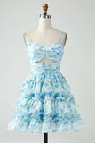 Vintage Light Blue Floral Design A-line Spaghetti Strap Tiered Homecoming Dress, HZ0319
