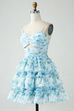 Vintage Light Blue Floral Design A-line Spaghetti Strap Tiered Homecoming Dress, HZ0319