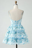 Vintage Light Blue Floral Design A-line Spaghetti Strap Tiered Homecoming Dress, HZ0319