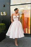 Retro Light Pink Sweetheart Strapless Design A-line Satin Party Dress Homecoming Dress HZ0319
