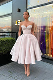 Retro Light Pink Sweetheart Strapless Design A-line Satin Party Dress Homecoming Dress HZ0319