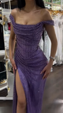 Purple Off Shoulder Sheath Split Long Party Dress Evening Gown, HZ0319