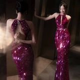 Elegant Fuchsia Halter Sequins Mermaid Long Evening Party Dress HZ0319