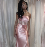 Light Pink Strapless Satin Black Girl Long Party Dress Birthday Outfits HZ0319