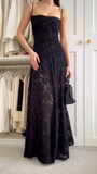 Black Spaghetti Straps A-Line Long Prom Dress Evening Gown HZ0319