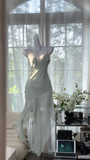 Vintage Mint Green Irregular Lace Hem Spaghetti Strap Design Chiffon Prom Dress Evening Dress HZ0319