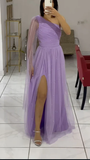 Black One Shoulder A-Line Tulle Long Formal Prom Dress HZ0319