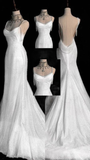 Stunning White Backless Mermaid Shiny Party Gown Wedding Dress, HZ0319
