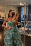 Glitter Blue Strapless A-Line Lace Tiered Long Prom Dress with Split HZ0319