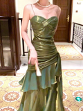 Green Spaghetti Straps A-Line Chiffon Long Evening Party Dress HZ0319