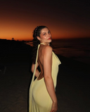 Light Yellow Halter Sheath Satin Long Party Dress Wedding Guest Dress, HZ0319