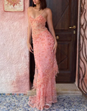 Gorgeous Red Straps Beading Lace Mermaid Long Party Dress Birthday Outfits HZ0319