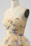 Vintage Yellow Floral Design A-line Spaghetti Strap Tiered Homecoming Dress, HZ0319