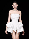 Cute White Strapless Ruffled Hem Design A-line Satin Party Dress Homecoming Dress, HZ0319