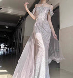 Light Pink Straps Off Shoulder Beading Mermaid Long Formal Party Dress, HZ0319