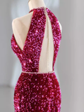 Elegant Fuchsia Halter Sequins Mermaid Long Evening Party Dress HZ0319