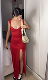 Red Mermaid Slit Prom Dress Satin Formal Party Dress, HZ0319