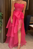 Pink Strapless A-Line Layers Chiffon Long Prom Dress Evening Dress HZ0319