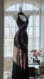 Retro Black V-neck Applique Design Romantic Chiffon Evening Dress Prom Dress HZ0319