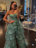 Glitter Blue Strapless A-Line Lace Tiered Long Prom Dress with Split HZ0319