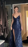 Navy Blue Straps Sequins Sheath Long Formal Party Dress with Split HZ0319