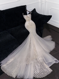 Gorgeous Ivory Sweetheart Tulle Sparkling Sequin Design Elegant Mermaid Floor-length Wedding Dress HZ0319