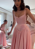Elegant Pink Straps A-Line Satin Long Party Dress Bridesmaid Dress, HZ0319