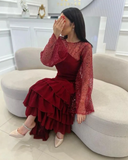Wine Red Long Sleeves A-Line Tiered Long Formal Prom Dress HZ0319