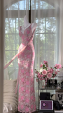 Vintage Gorgeous Pink Floral V-neck Applique Elegant Chiffon Long Evening Dress Prom Dresses HZ0319