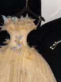 Gorgeous Shiny Yellow Sequin Beaded 3D Butterflies A-Line Floor-length Evening Dress Prom Dresses HZ0319